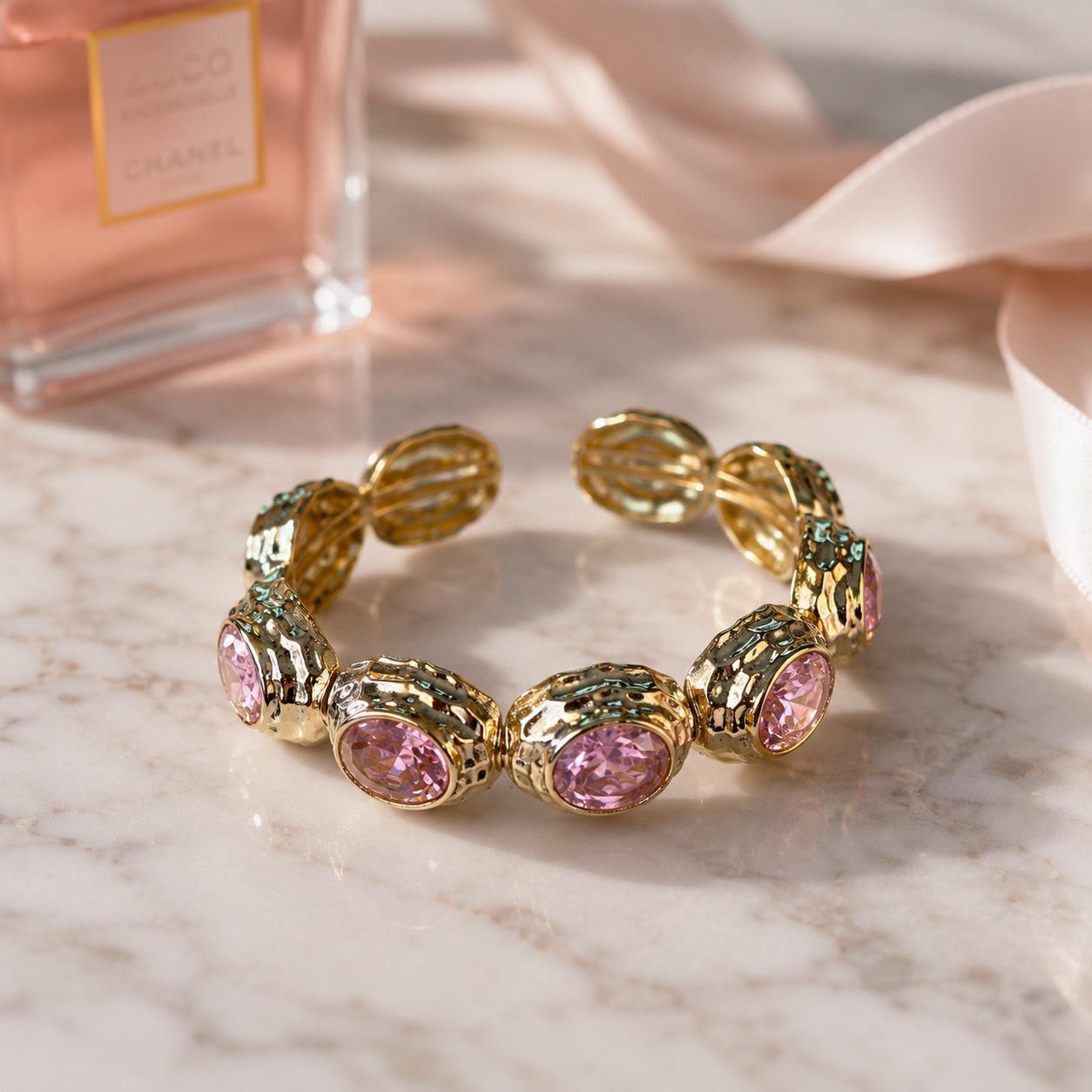 Pink Stone Gold Cuff Bracelet – Vintage Style — image 7