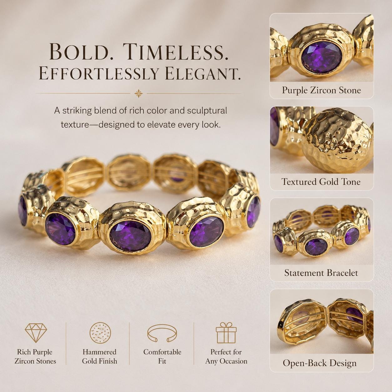 Purple Stone Gold Statement Cuff — image 9
