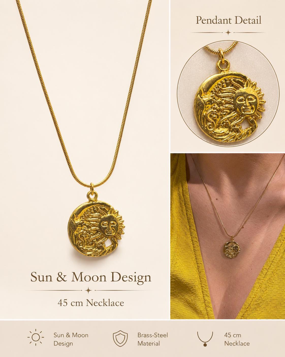 Embroidered Sun Gold Pendant Necklace — image 5
