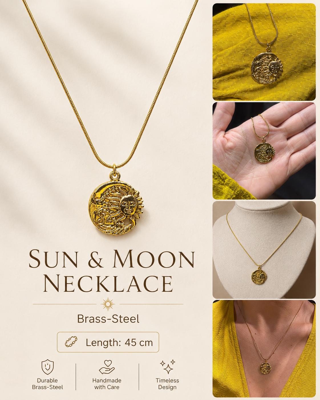 Embroidered Sun Gold Pendant Necklace — image 2