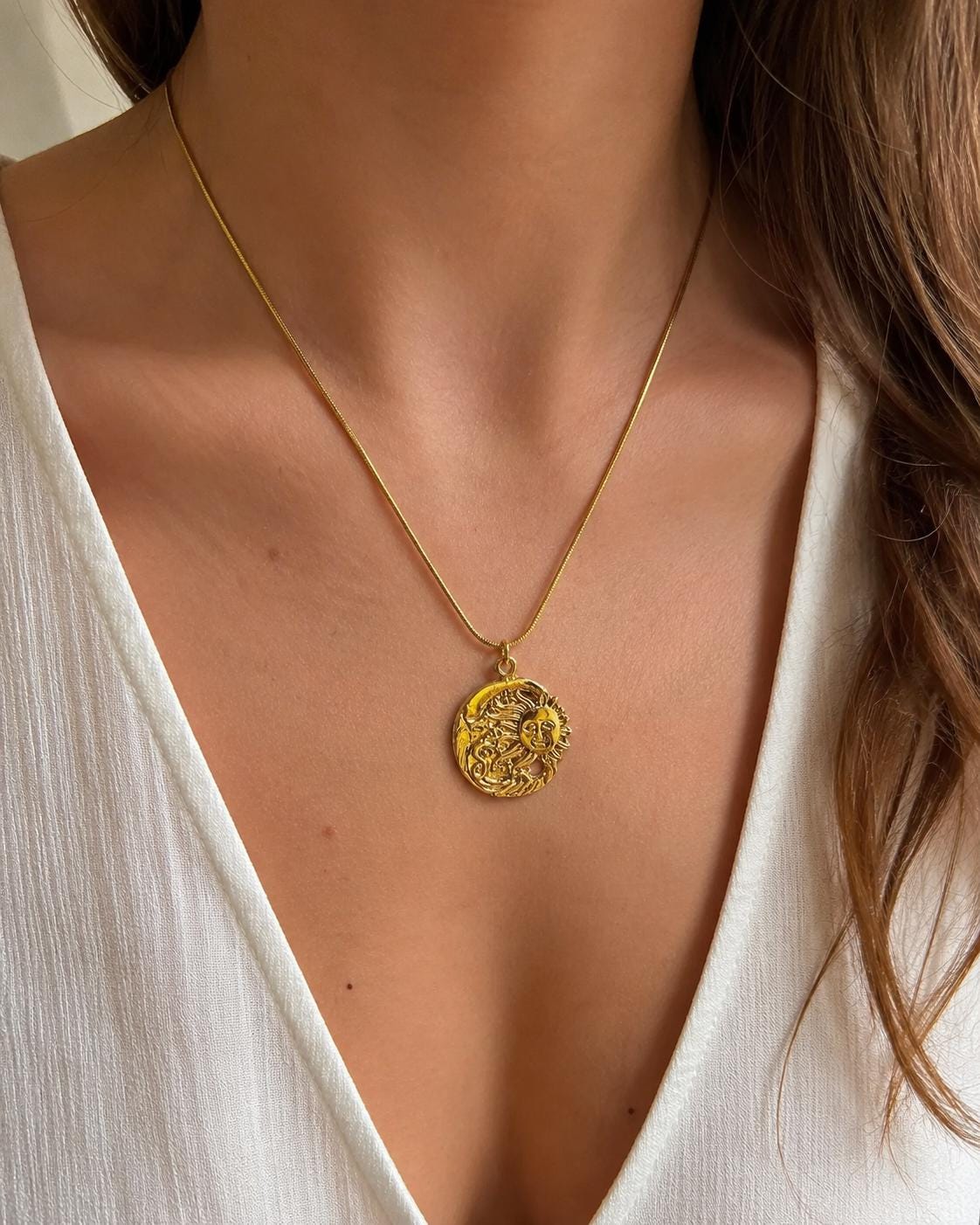 Embroidered Sun Gold Pendant Necklace — image 8