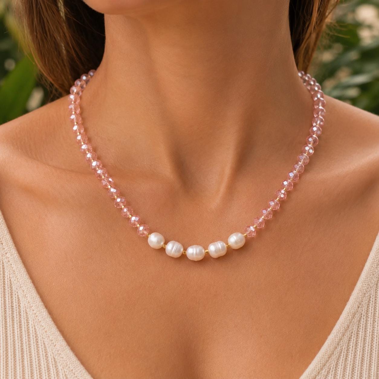 Freshwater Pearl & Pink Crystal Necklace — image 3