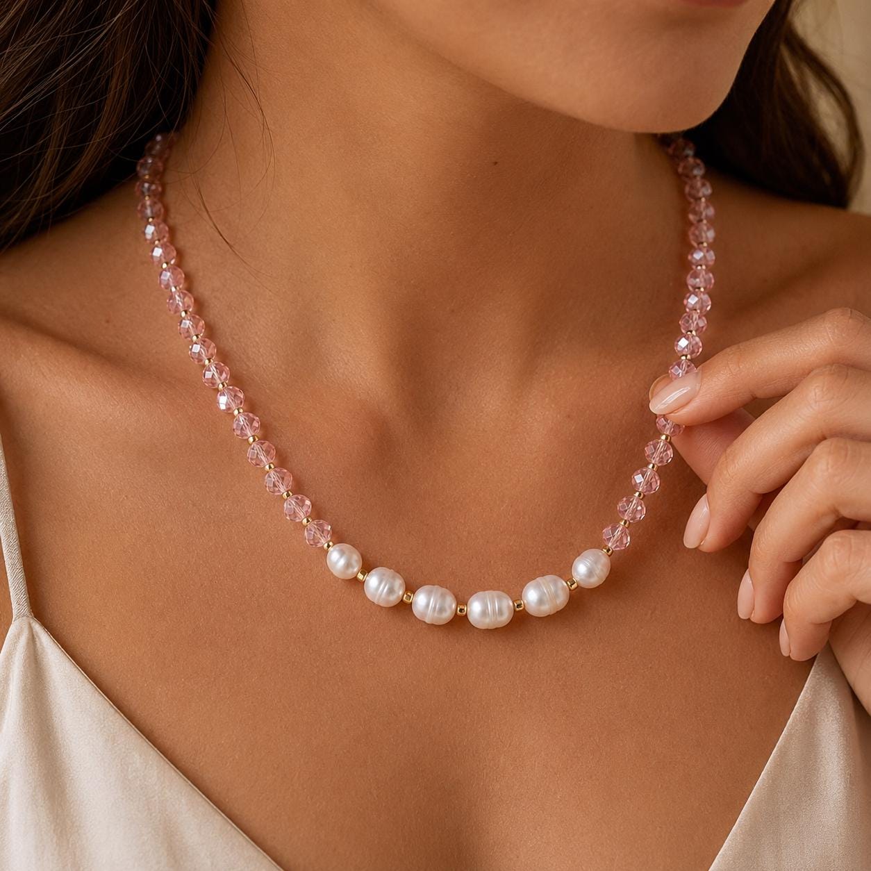 Freshwater Pearl & Pink Crystal Necklace — image 9