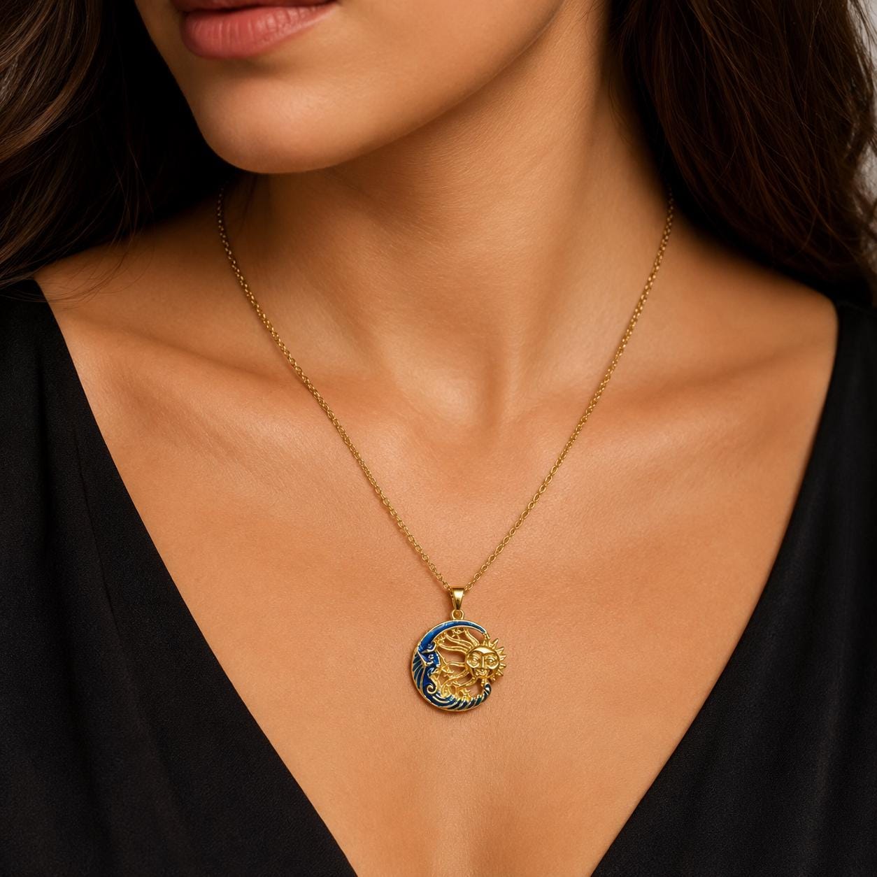 Embroidered Sun Gold Pendant – Long Chain — image 7