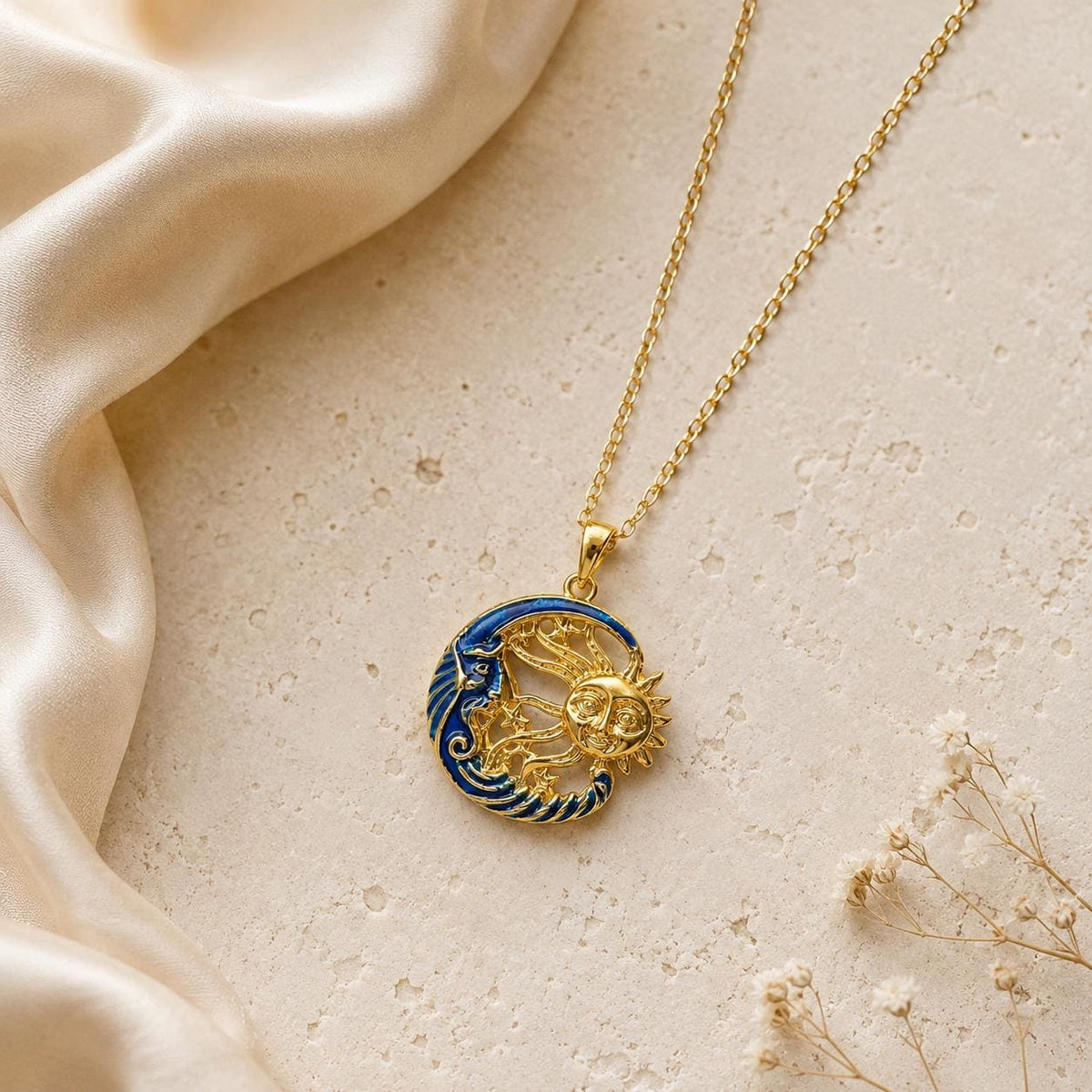 Embroidered Sun Gold Pendant – Long Chain — image 4