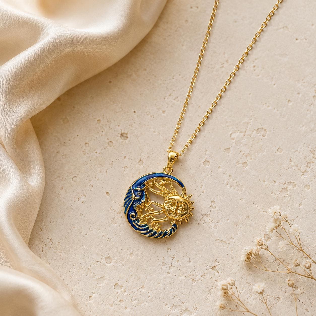Embroidered Sun Gold Pendant – Long Chain — image 4