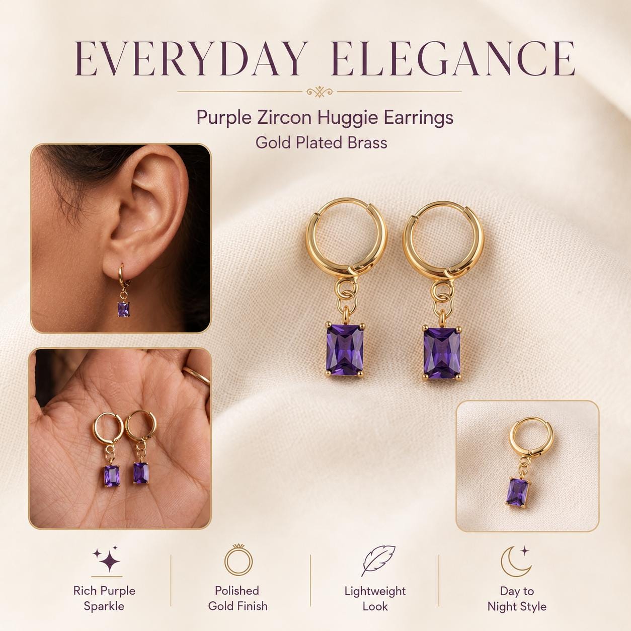 Purple Stone Gold Huggie Earrings — image 7