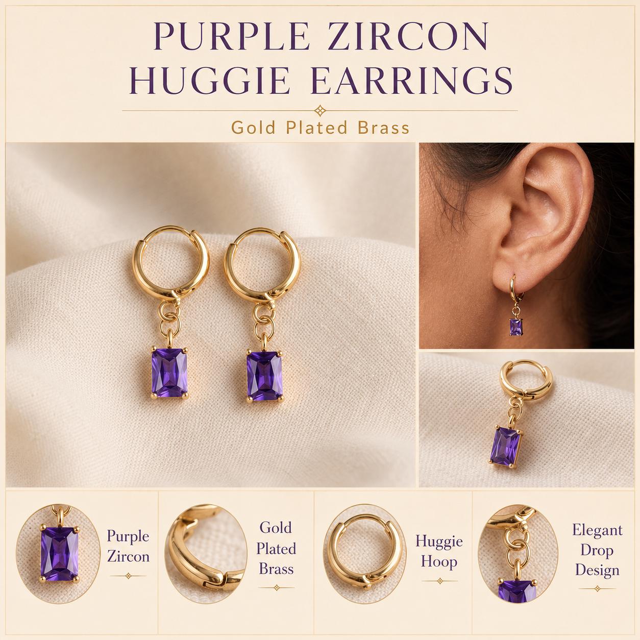 Purple Stone Gold Huggie Earrings — image 3