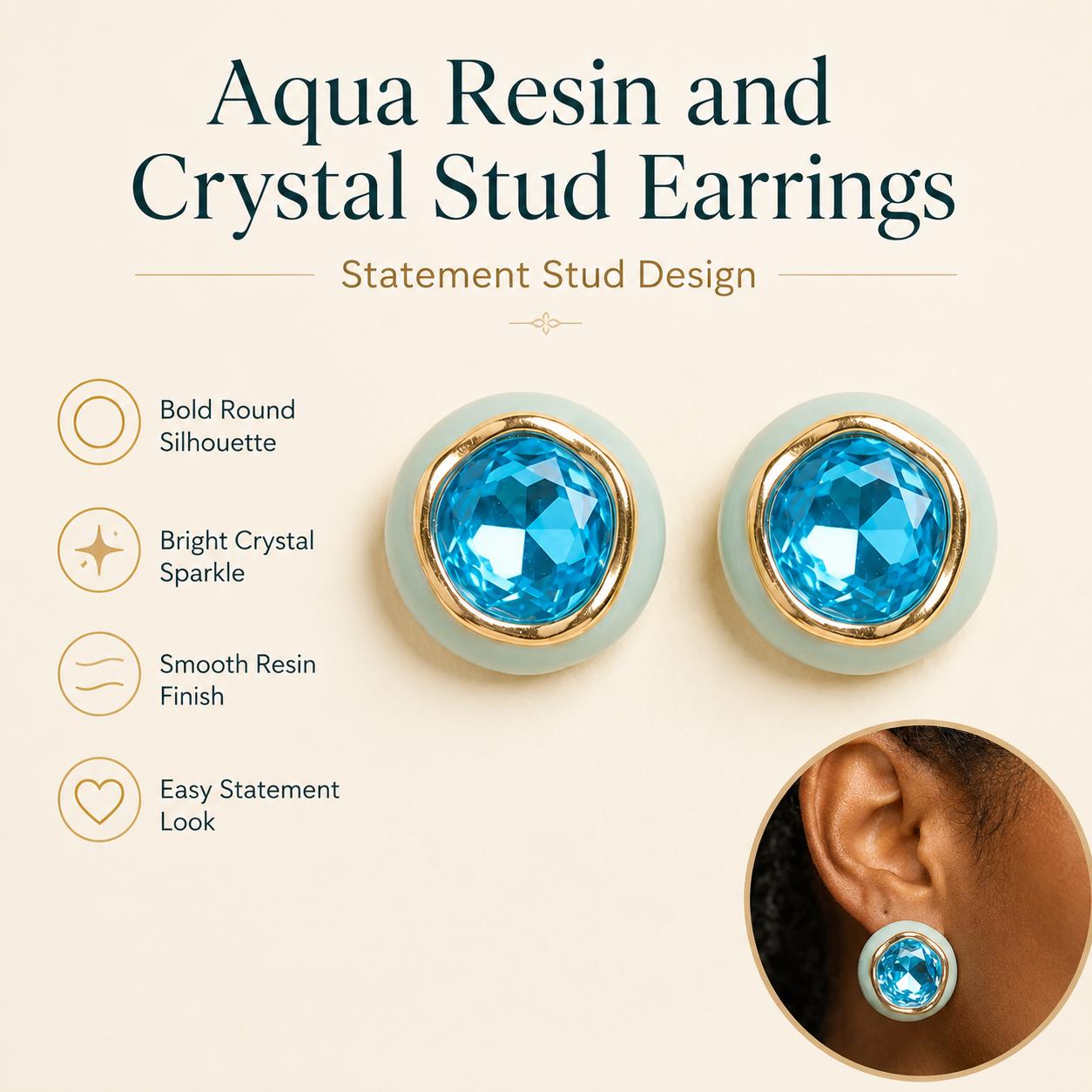 Aqua Resin & Crystal Stud Earrings — image 4