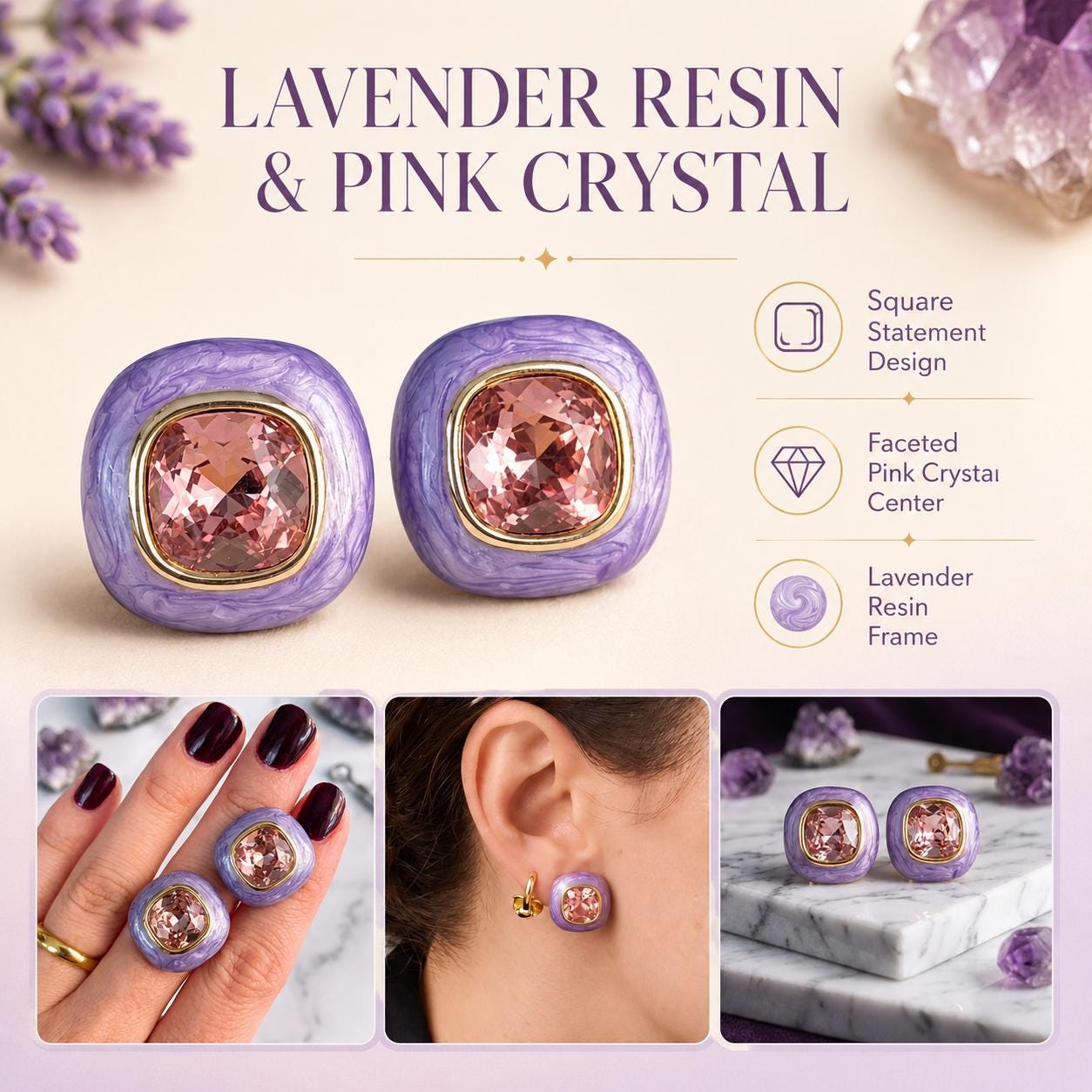 Lavender Resin & Pink Crystal Stud Earrings — image 10