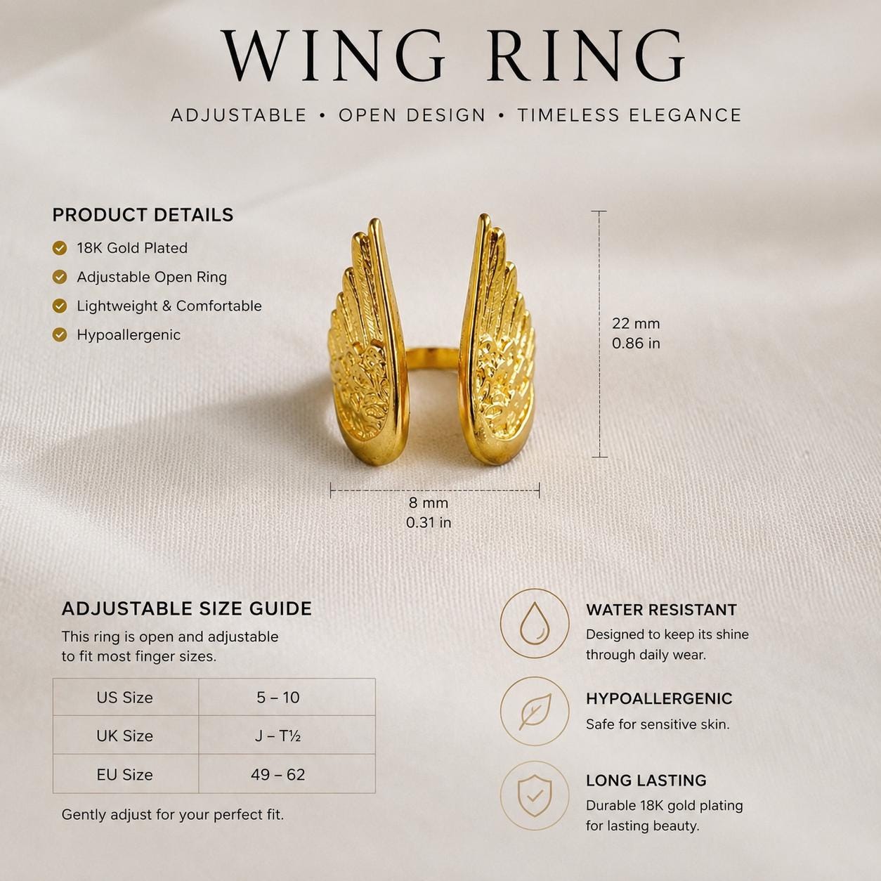 Wing Gold Ring – Adjustable Vintage Style — image 7