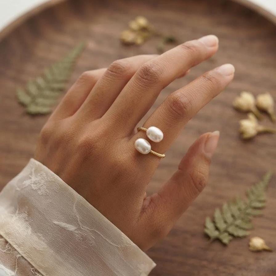 Double Pearl Gold Ring – Open Band — image 7