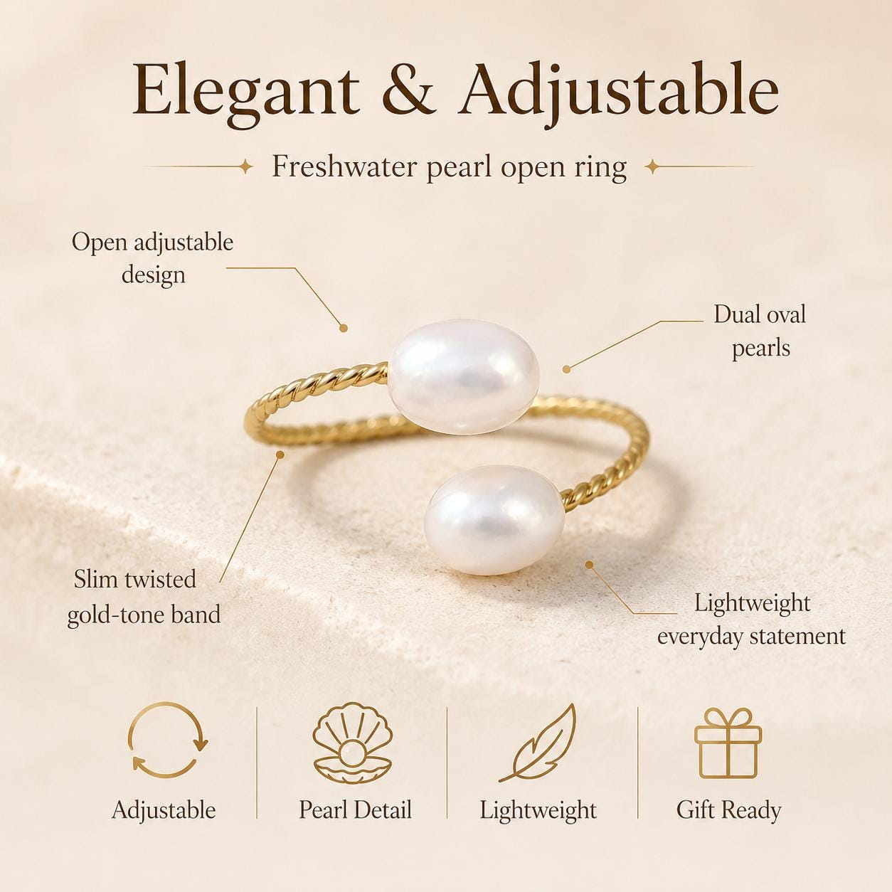 Double Pearl Gold Ring – Open Band — image 3