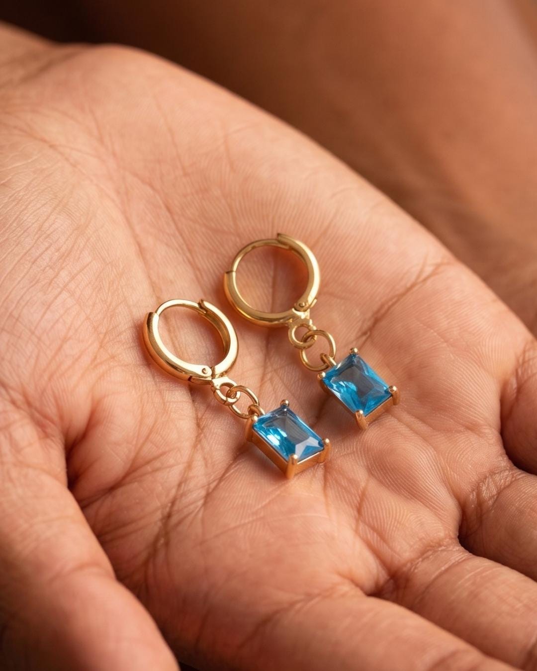 Blue Stone Gold Huggie Earrings — image 4