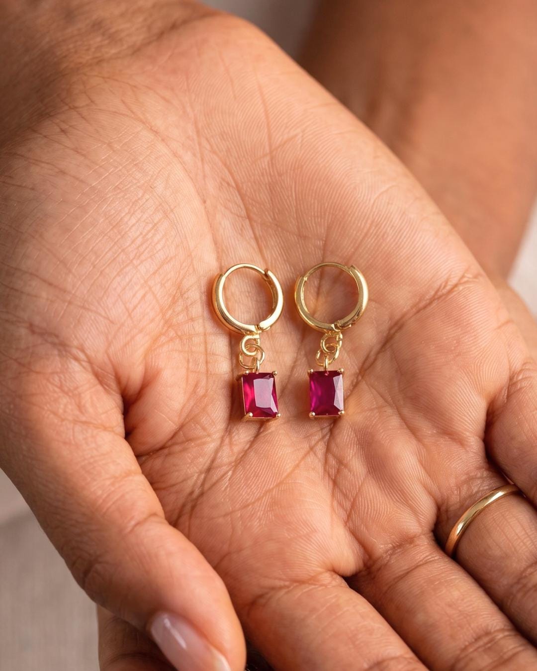 Red Stone Gold Huggie Earrings — image 6