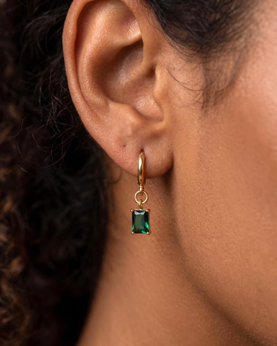 Green Stone Gold Huggie Earrings — image 2