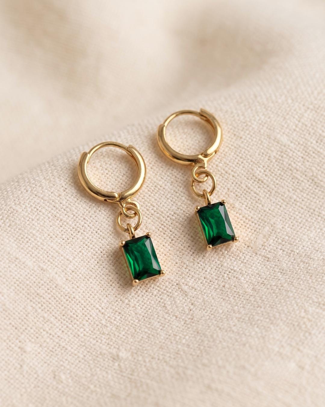 Green Stone Gold Huggie Earrings — image 1
