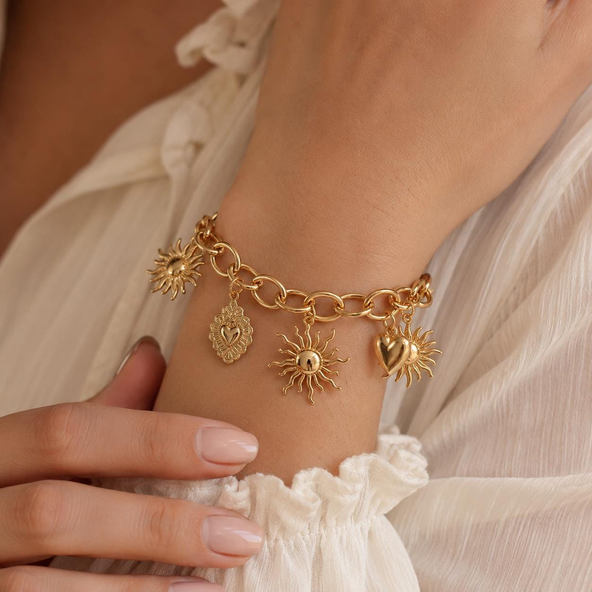 Sun & Heart Charm Gold Bangle — image 1