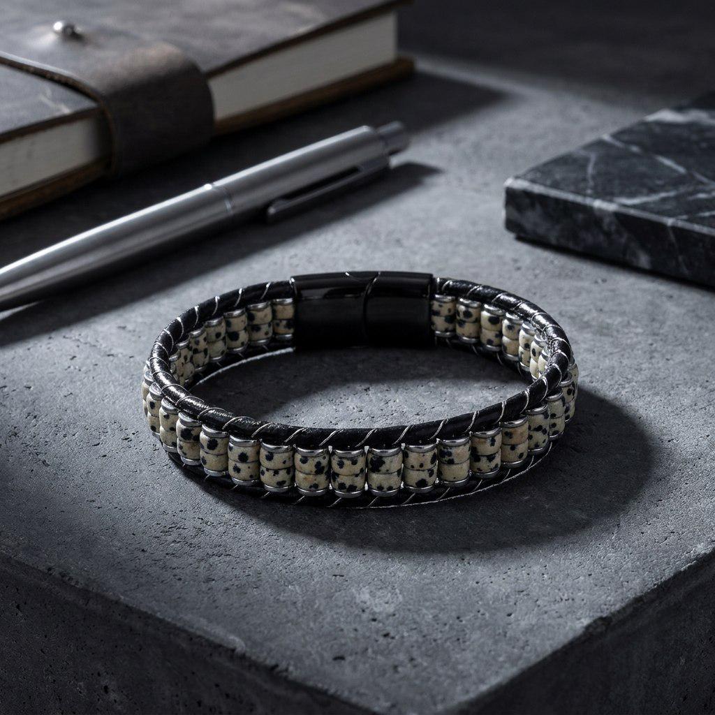 Dalmatian Jasper & Hematite Leather Bracelet — image 8