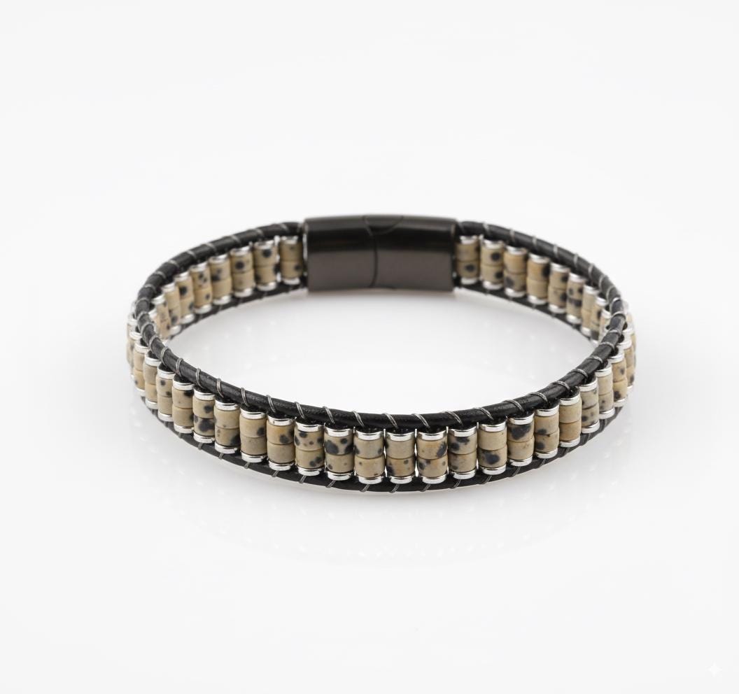 Dalmatian Jasper & Hematite Leather Bracelet — image 1