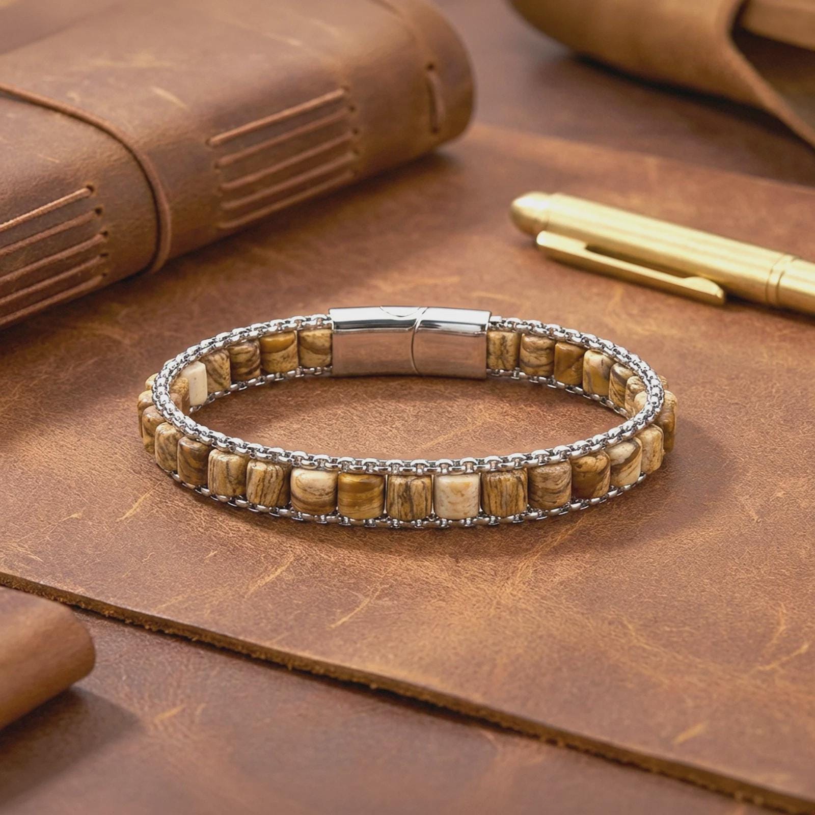 Petrified Wood & Hematite Leather Bracelet — image 1