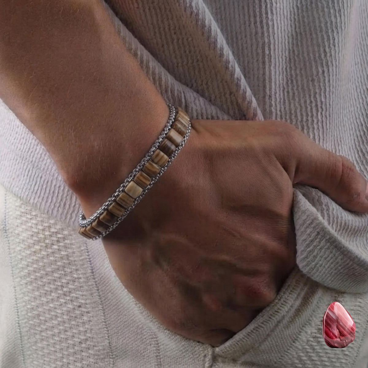 Petrified Wood & Hematite Leather Bracelet — image 2