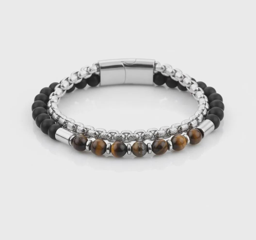 Tiger Eye & Onyx Silver Chain Bracelet — image 1
