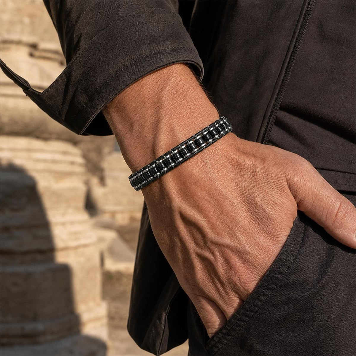 Black Onyx & Hematite Leather Bracelet — image 1