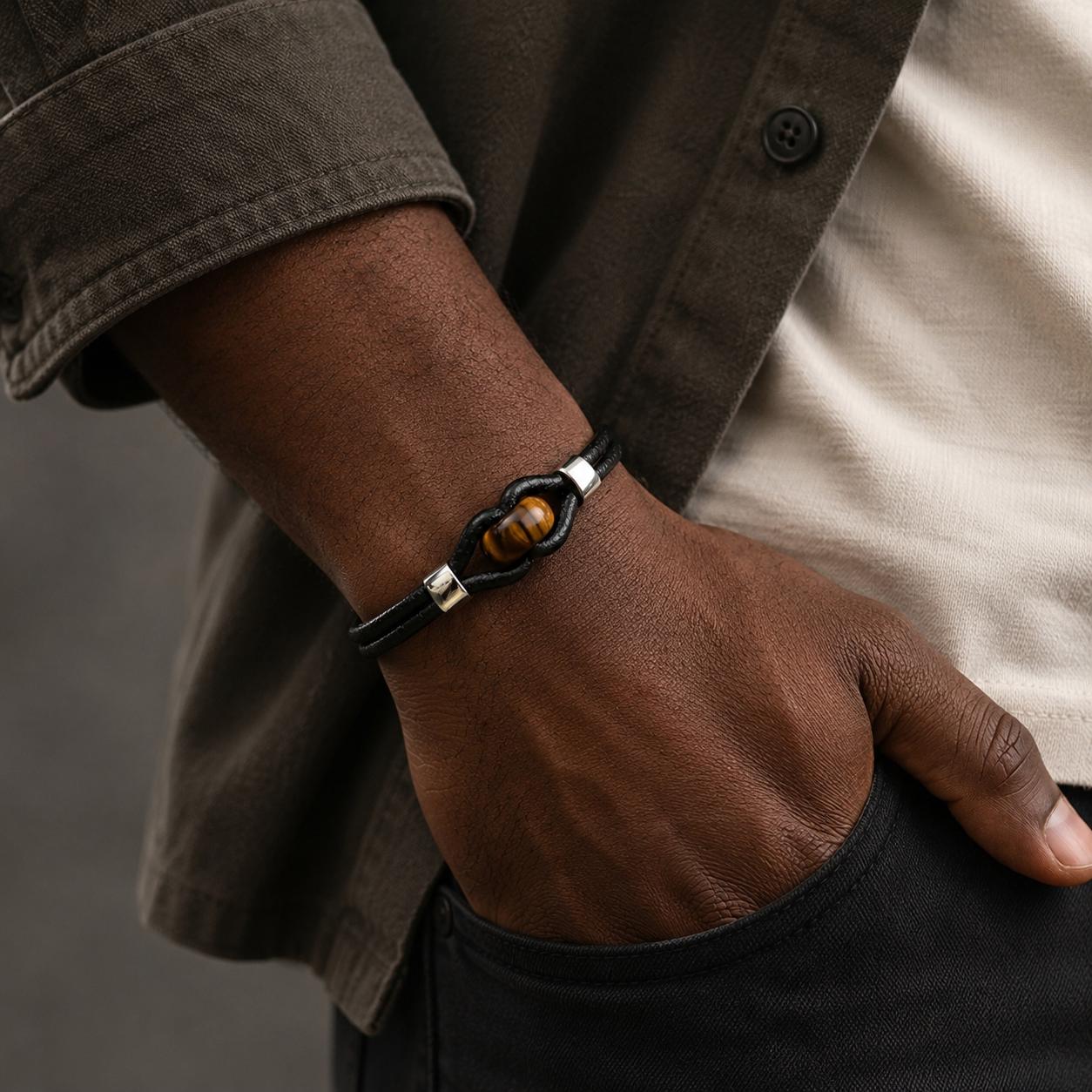 Tiger Eye or Obsidian Leather Bracelet — image 2