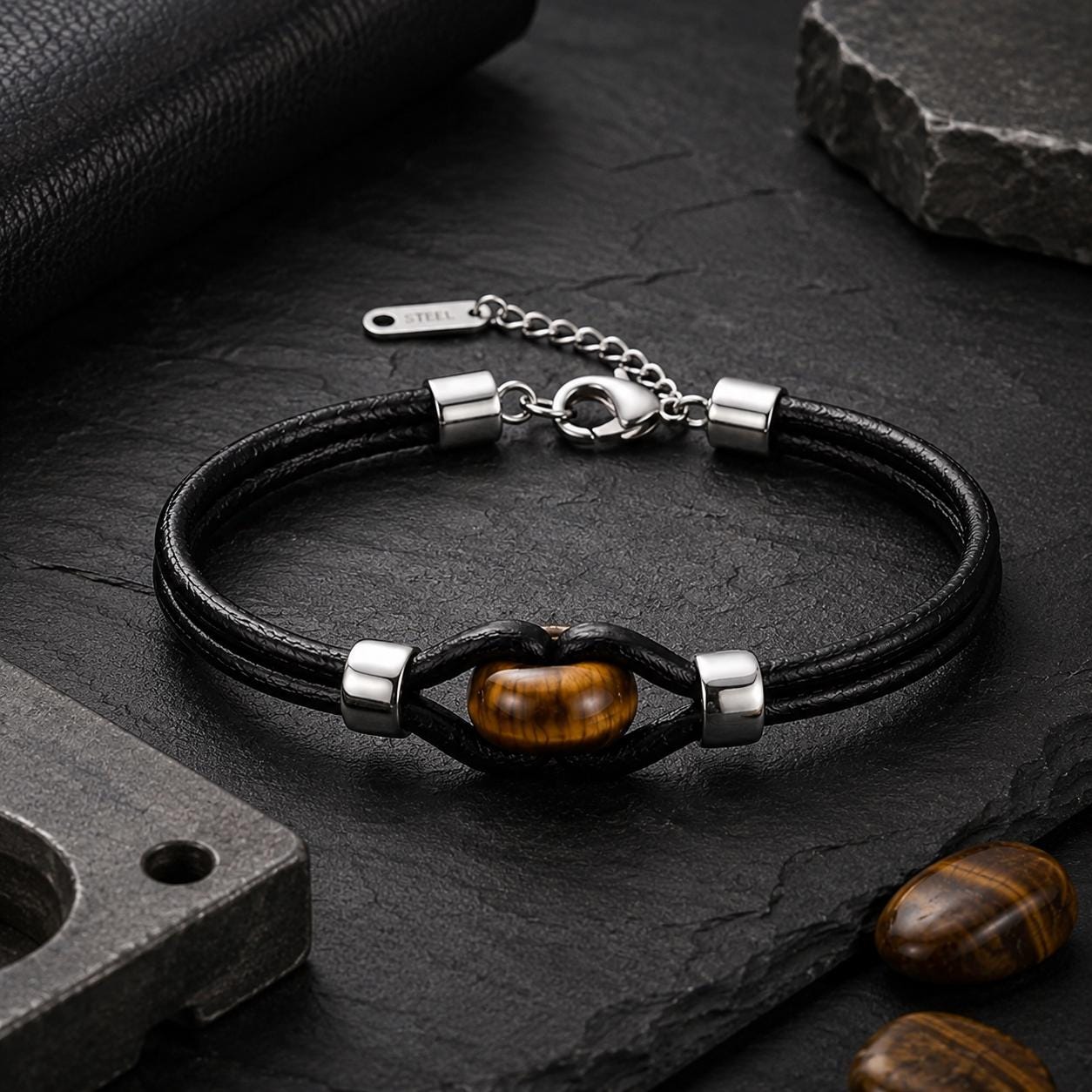 Tiger Eye or Obsidian Leather Bracelet — image 6