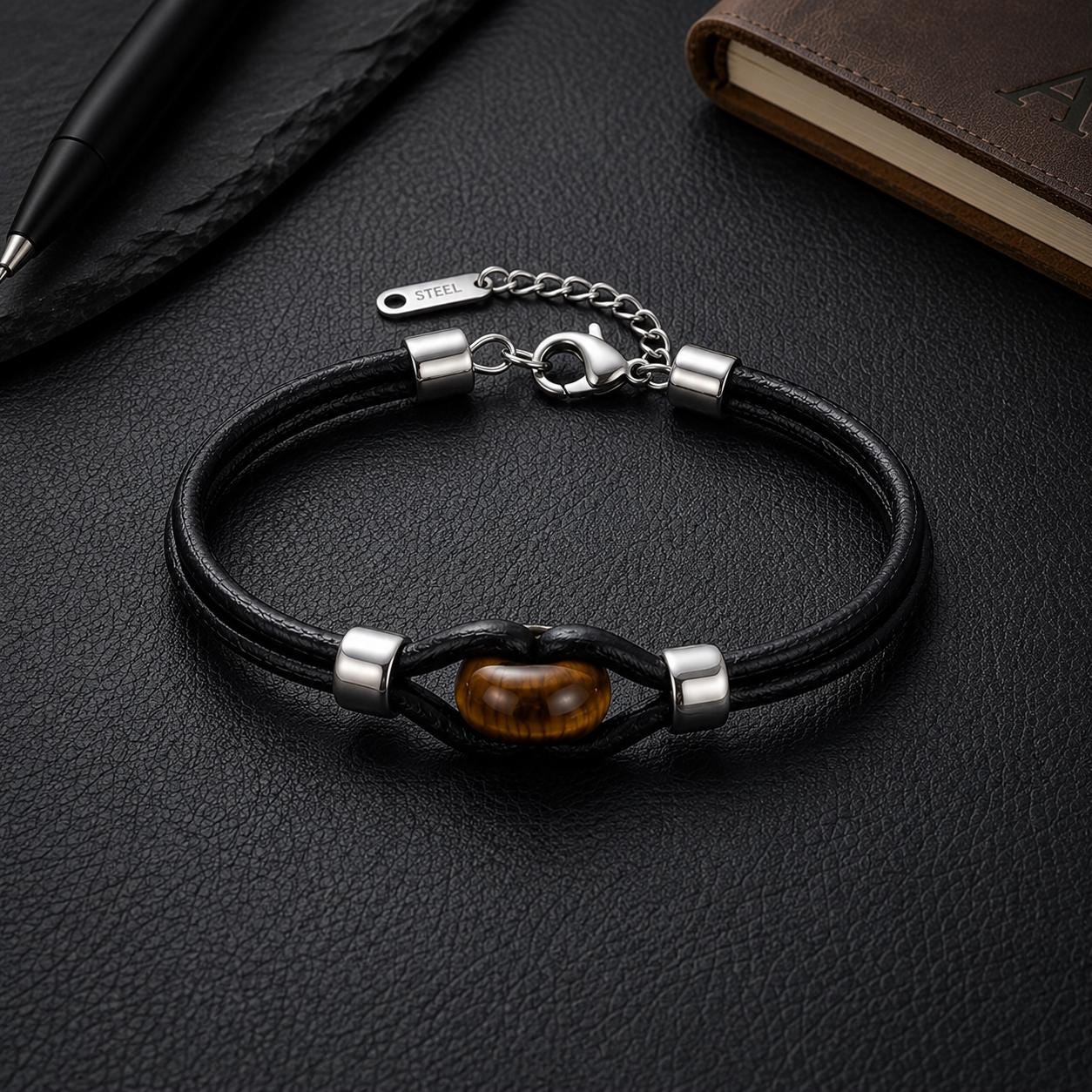 Tiger Eye or Obsidian Leather Bracelet — image 9