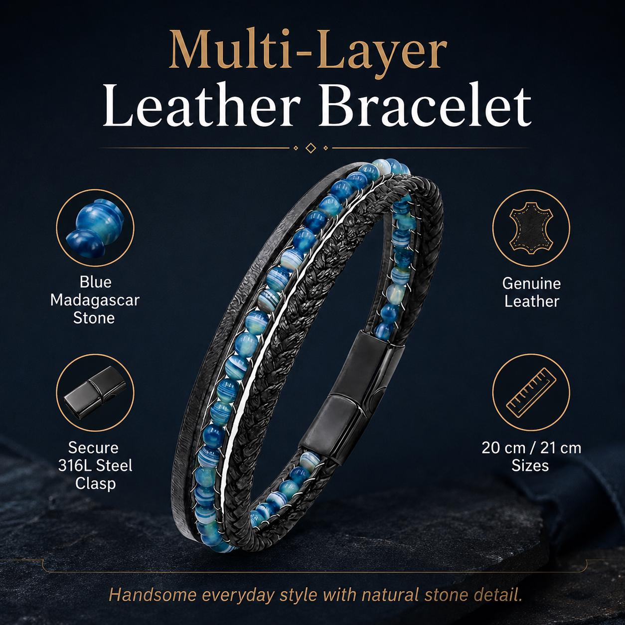 Blue Madagascar Stone Leather Bracelet — image 4