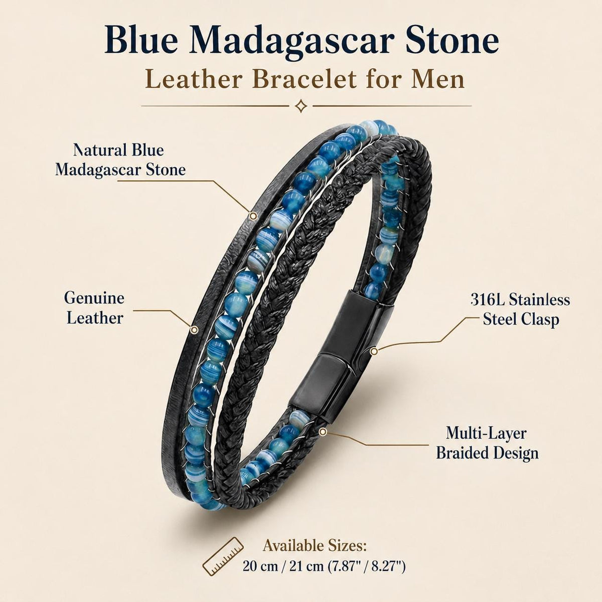 Blue Madagascar Stone Leather Bracelet — image 2