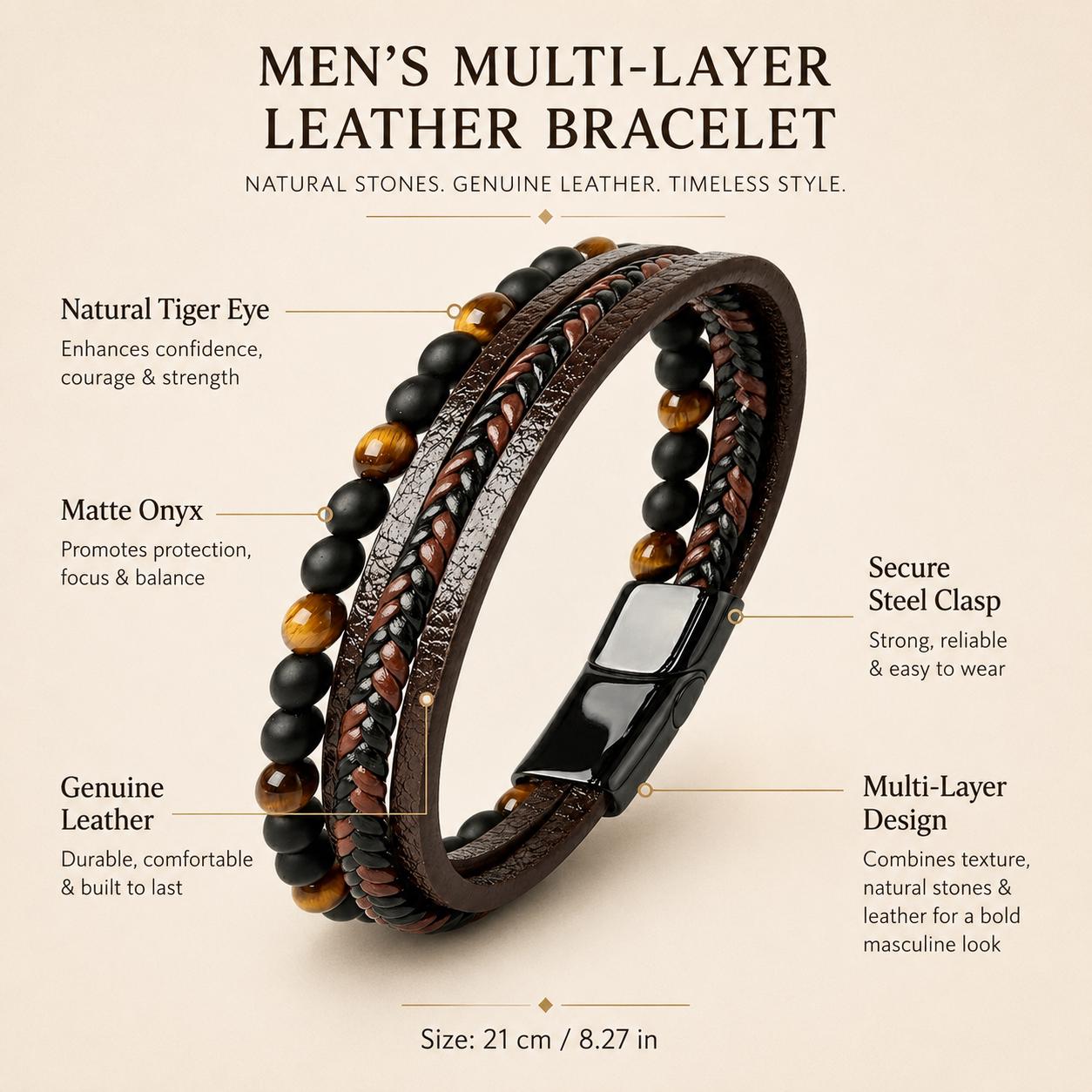 Tiger Eye & Onyx Leather Bracelet — image 8