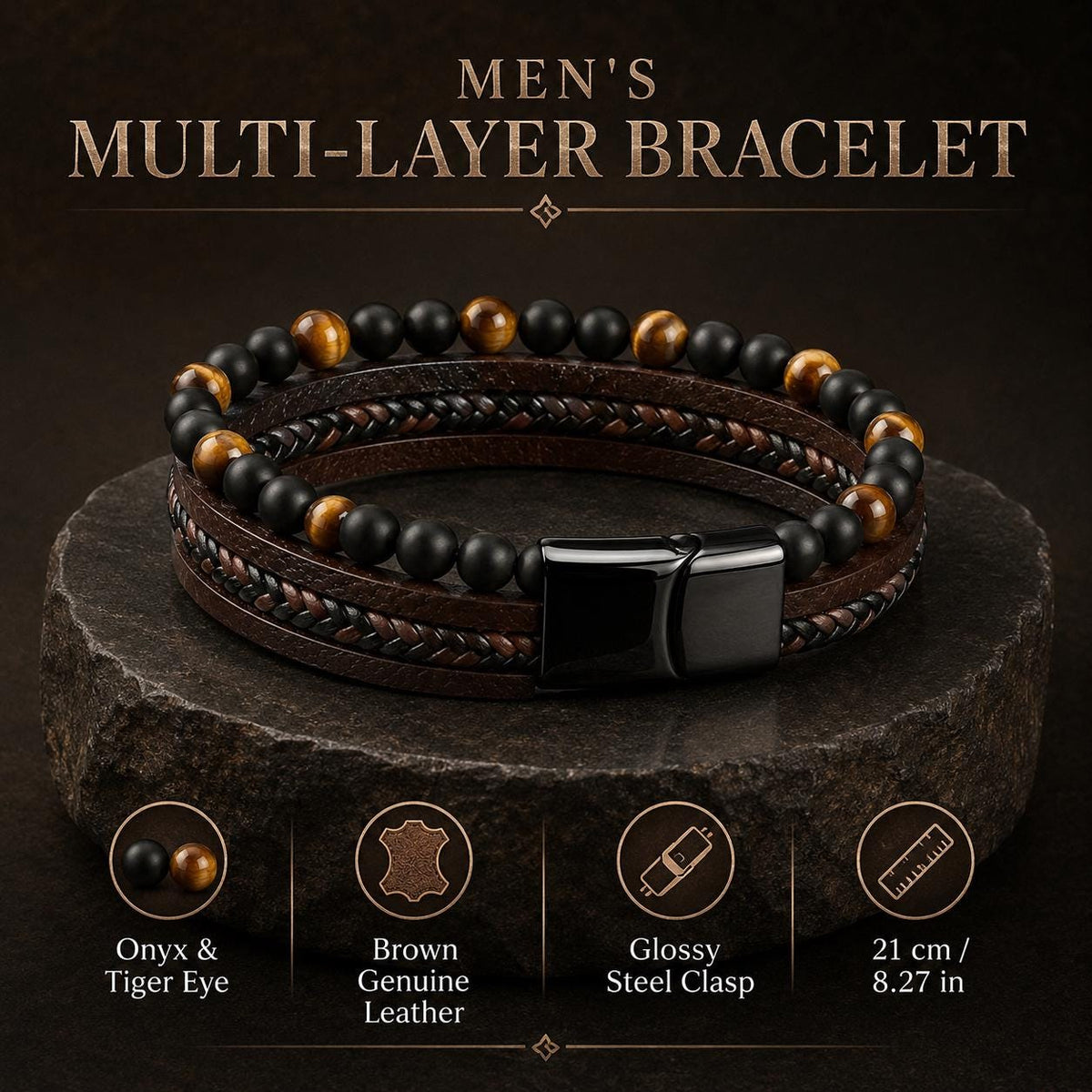 Tiger Eye & Onyx Leather Bracelet — image 2