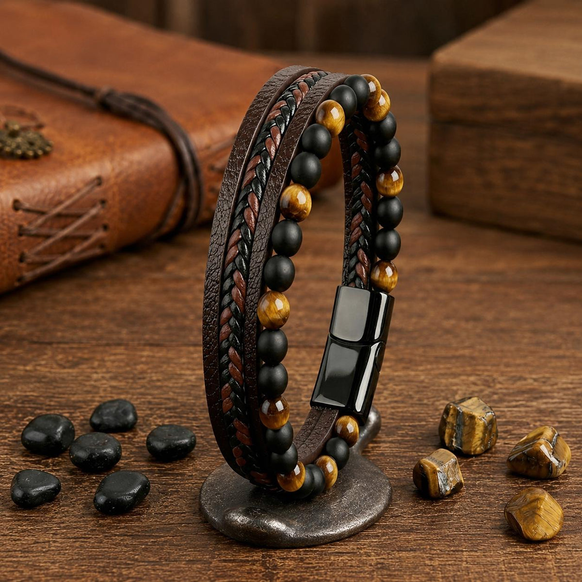 Tiger Eye & Onyx Leather Bracelet — image 1
