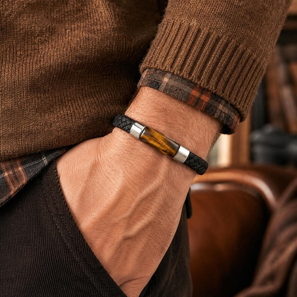 Tiger Eye Braided Leather Bracelet — image 1