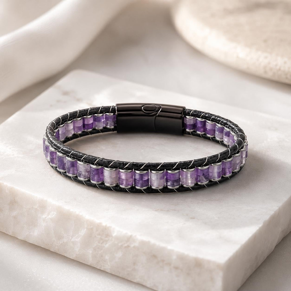 Amethyst Leather Bracelet – Purple Stone — image 3