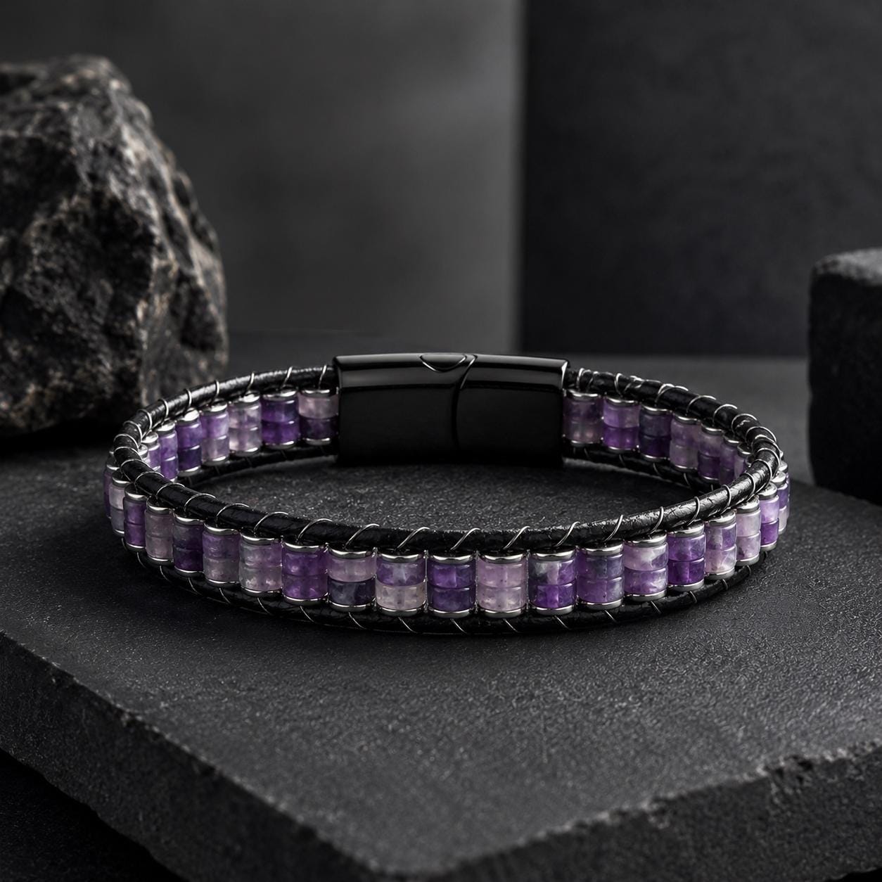 Amethyst Leather Bracelet – Purple Stone — image 10