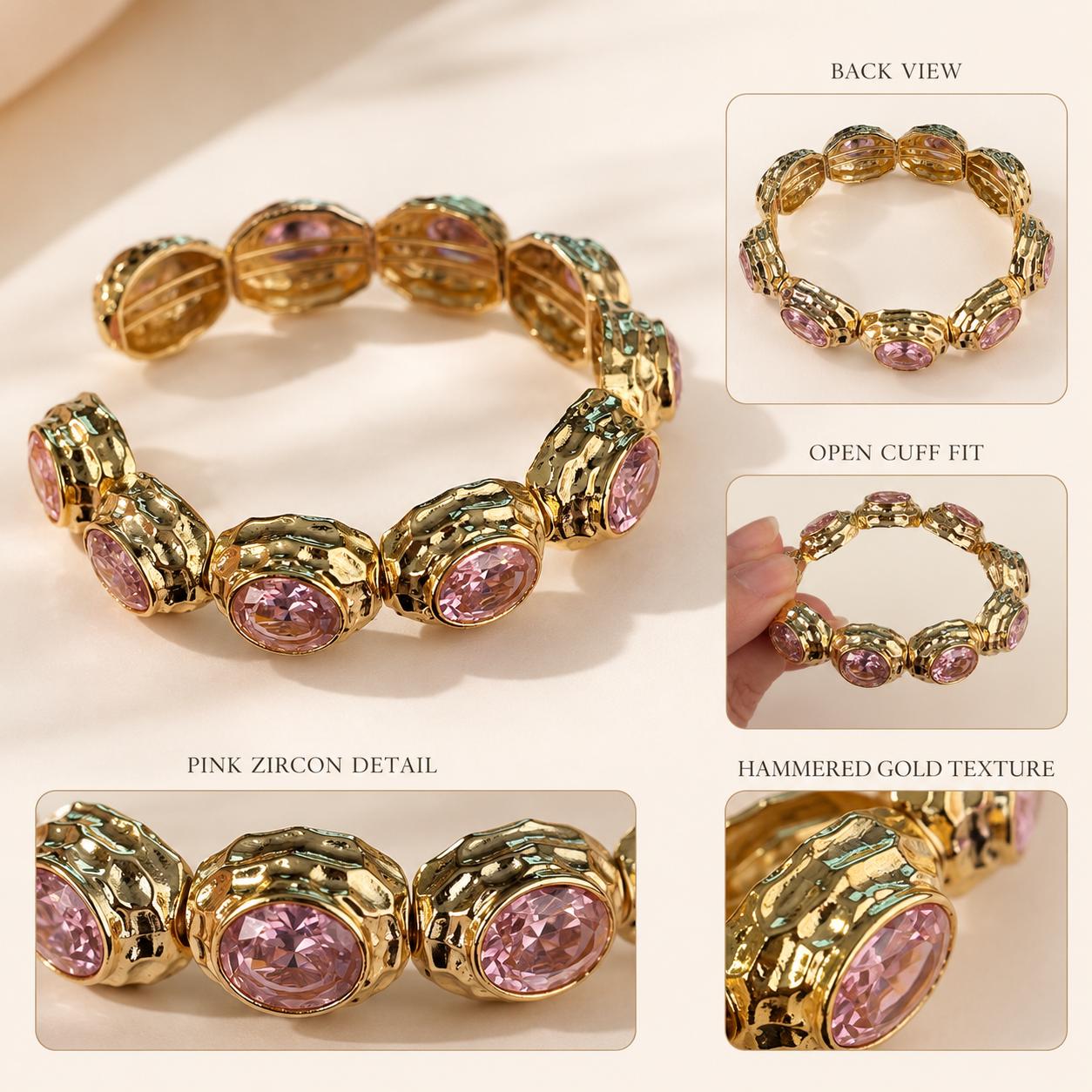 Pink Stone Gold Cuff Bracelet – Vintage Style — image 5
