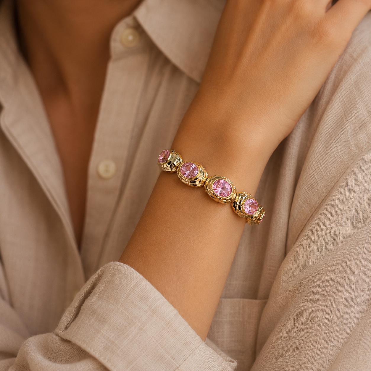 Pink Stone Gold Cuff Bracelet – Vintage Style — image 6
