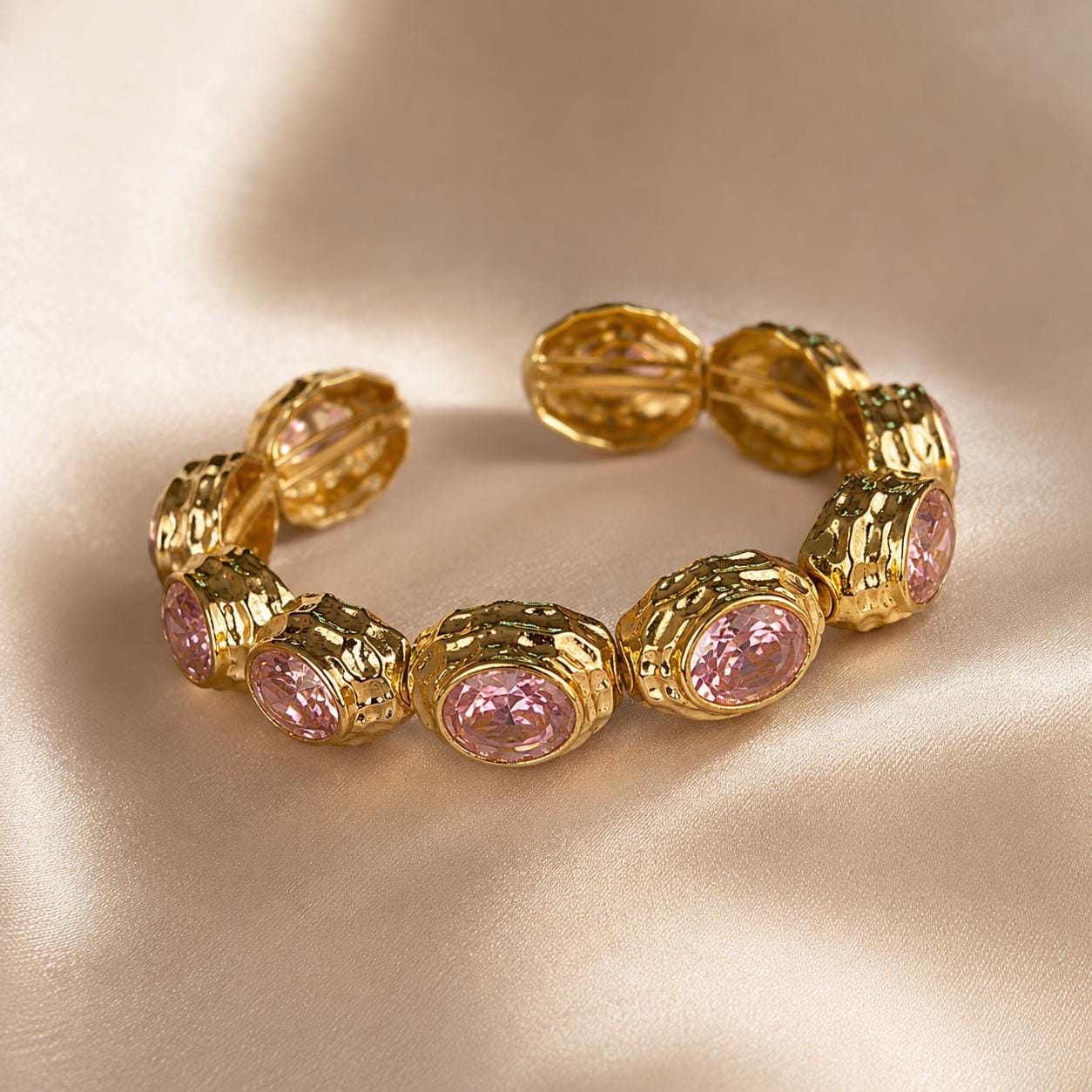 Pink Stone Gold Cuff Bracelet – Vintage Style — image 3