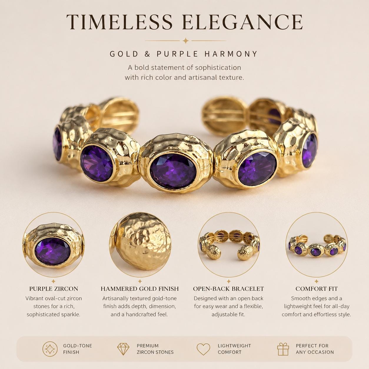 Purple Stone Gold Statement Cuff — image 2