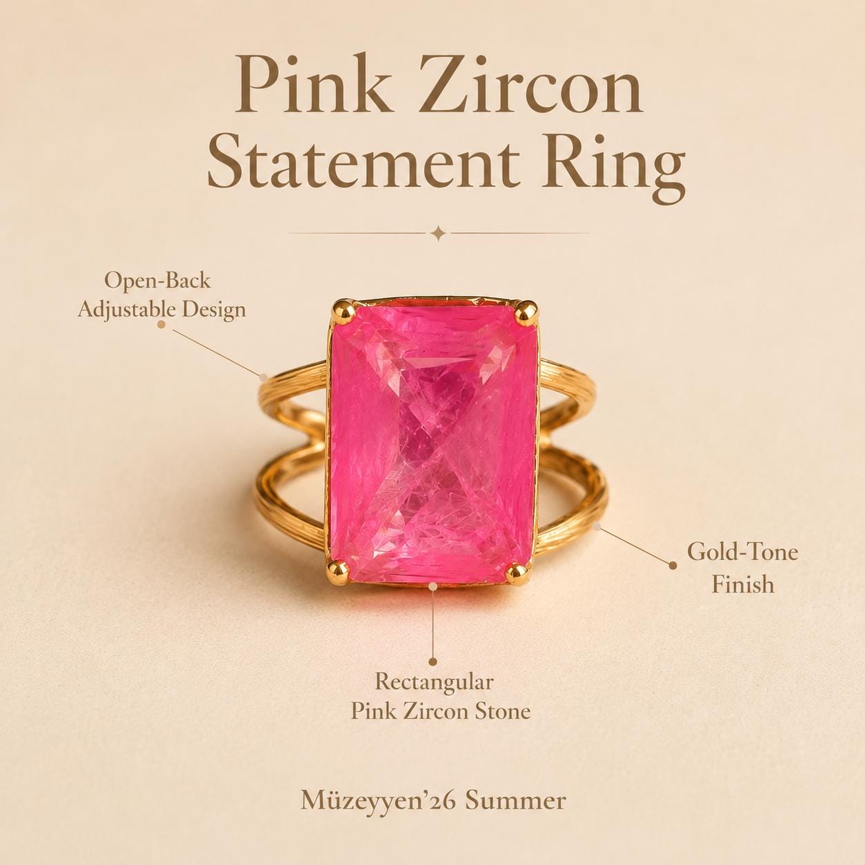 Pink Emerald-Cut Crystal Gold Ring — image 2