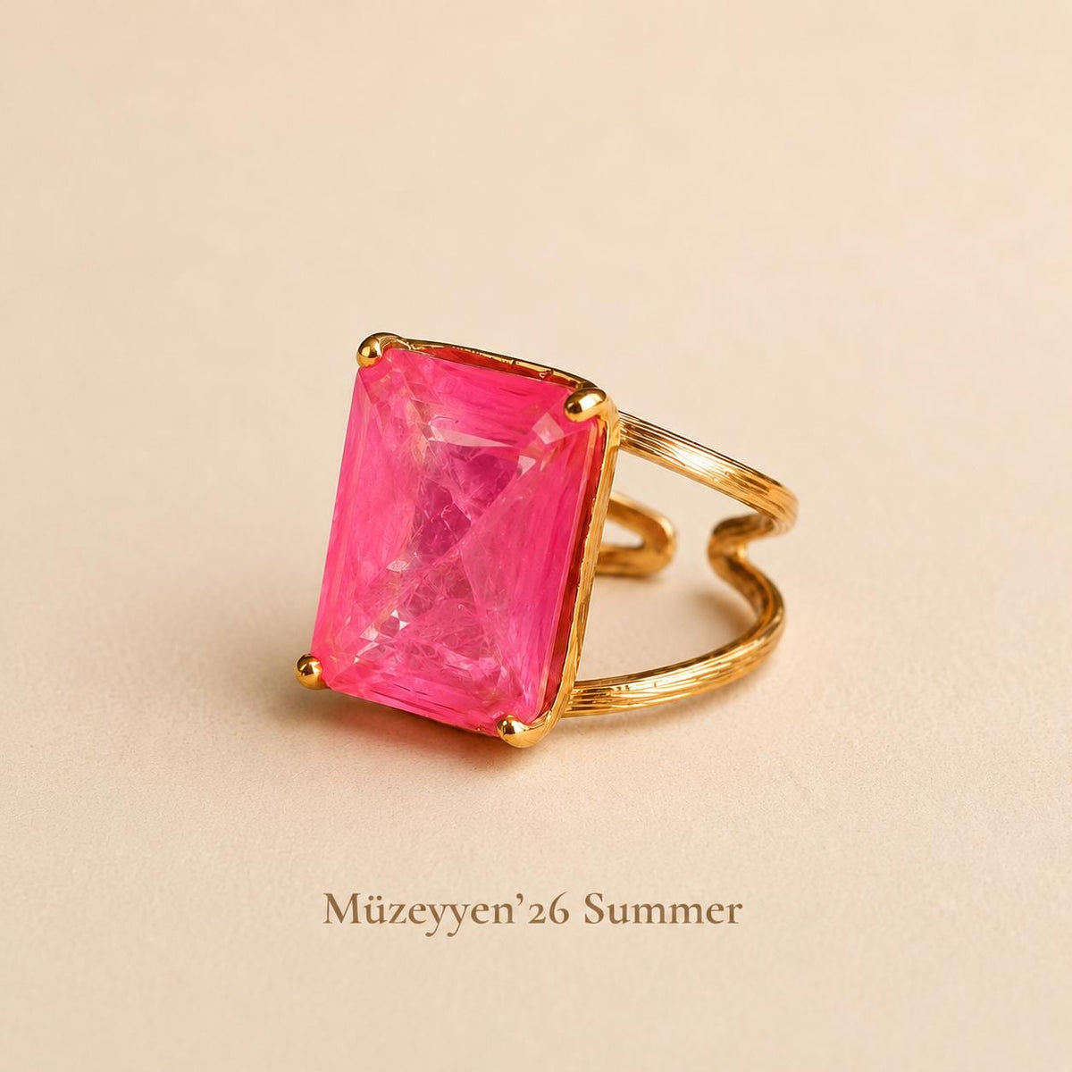 Pink Emerald-Cut Crystal Gold Ring — image 4