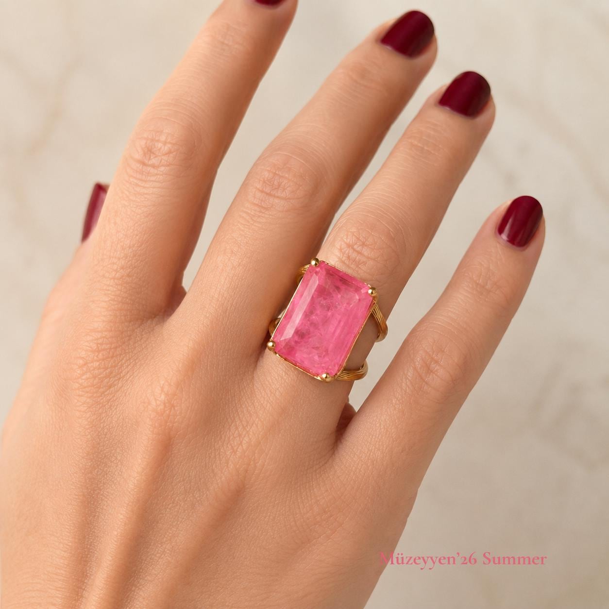 Pink Emerald-Cut Crystal Gold Ring — image 1