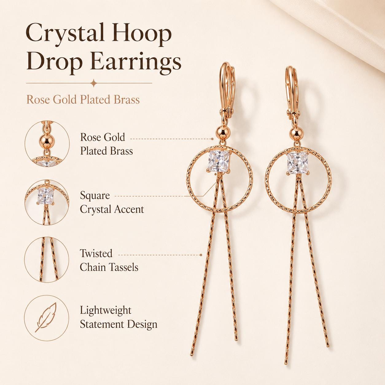 Rose Gold Crystal Chain Drop Earrings — image 2