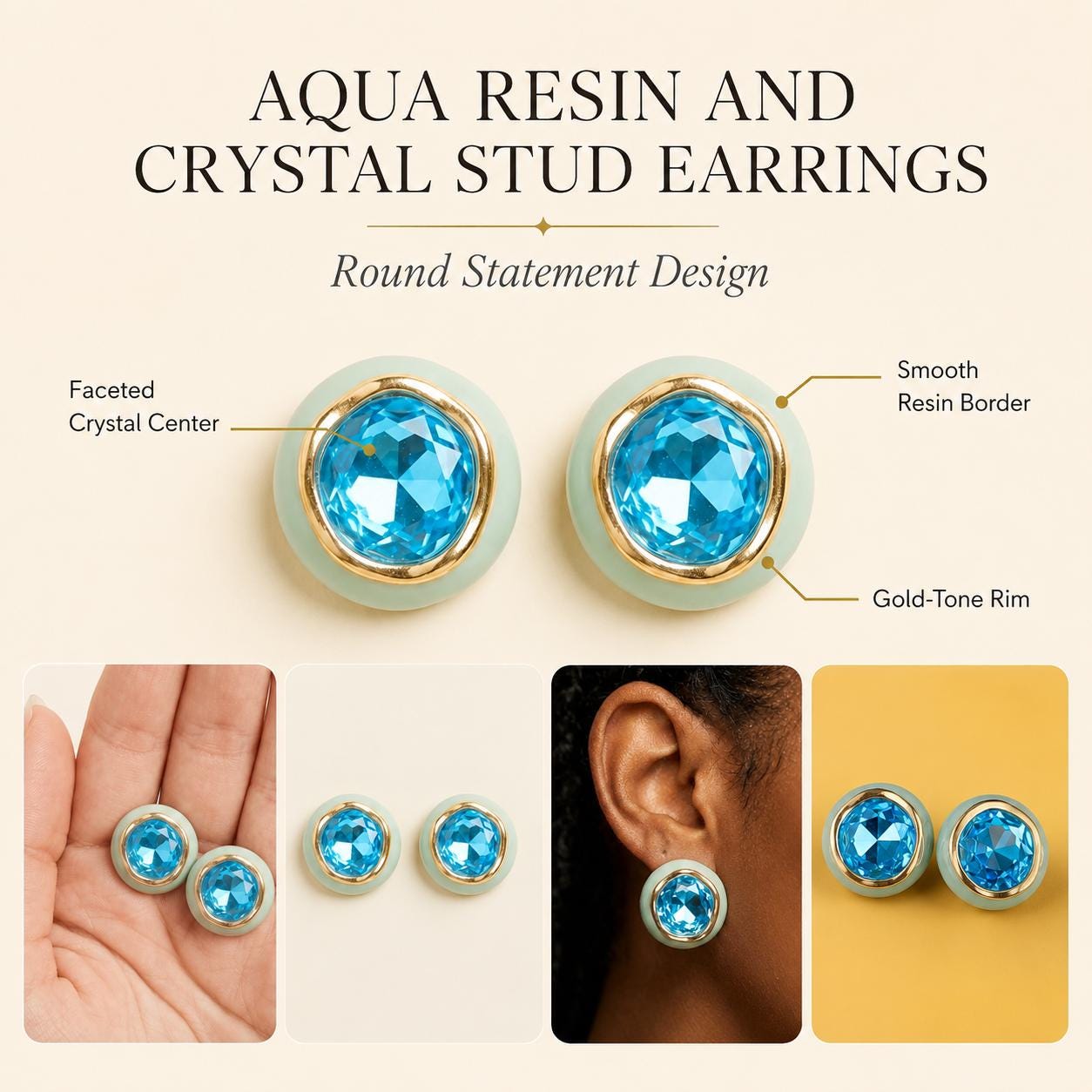 Aqua Resin & Crystal Stud Earrings — image 2