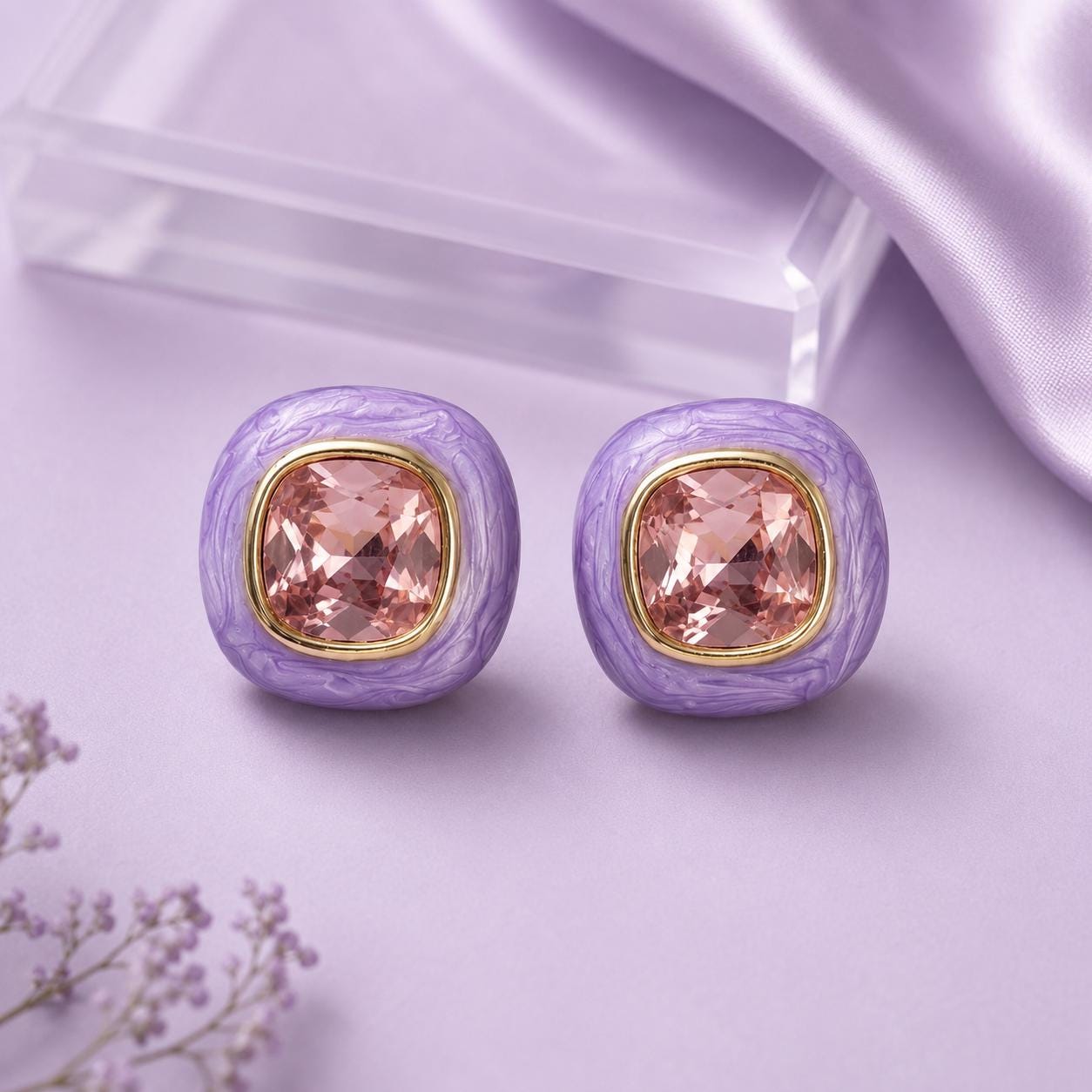 Lavender Resin & Pink Crystal Stud Earrings — image 8