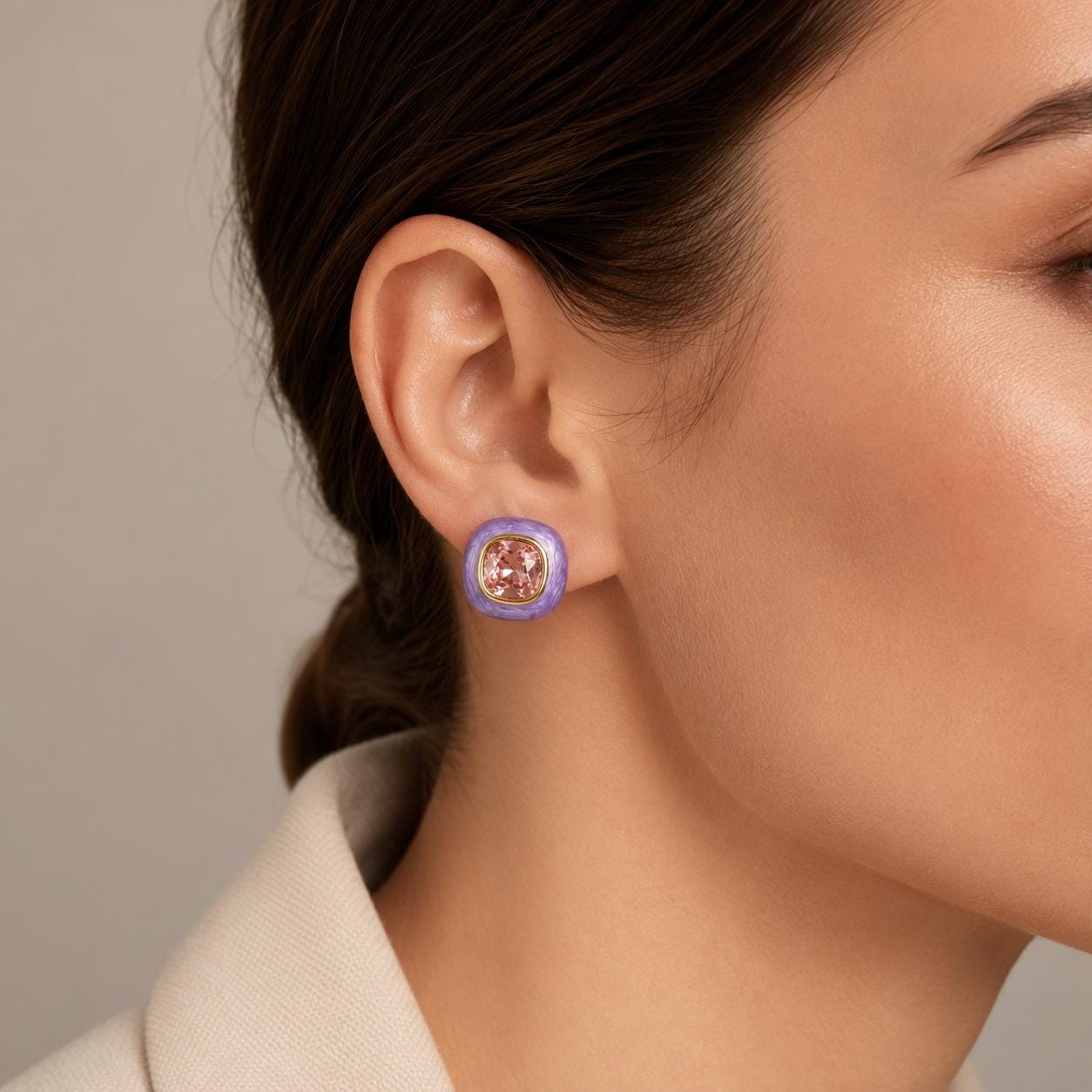 Lavender Resin & Pink Crystal Stud Earrings — image 9